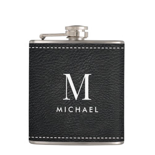 Faux Black Leather Monogram Initial  Name Flask