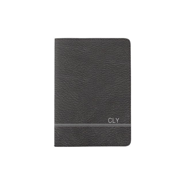 Faux Black Leather Monogram Light Gray Bar Passport Holder (Front)