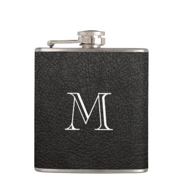 Faux Black Leather Monogram Stainless Steel Flask