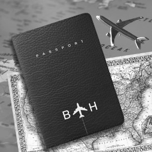 Faux Black Leather Passport with Airplane Monogram Passport Holder