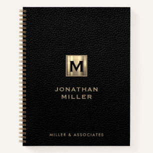 Faux Black Leather Print Gold Initial Logo Notebook
