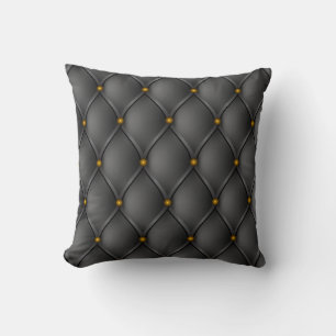 Faux Black Leather Upholstery Brass Nails Look Throw Pillow