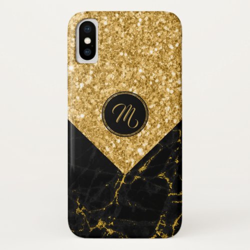 Faux Black Marble  Gold Glitter Geometric Design iPhone X Case