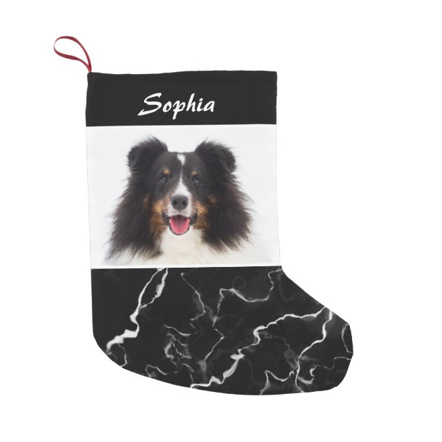 Faux Black Marble Look Custom Pet Photo Template Small Christmas Stocking (Front)