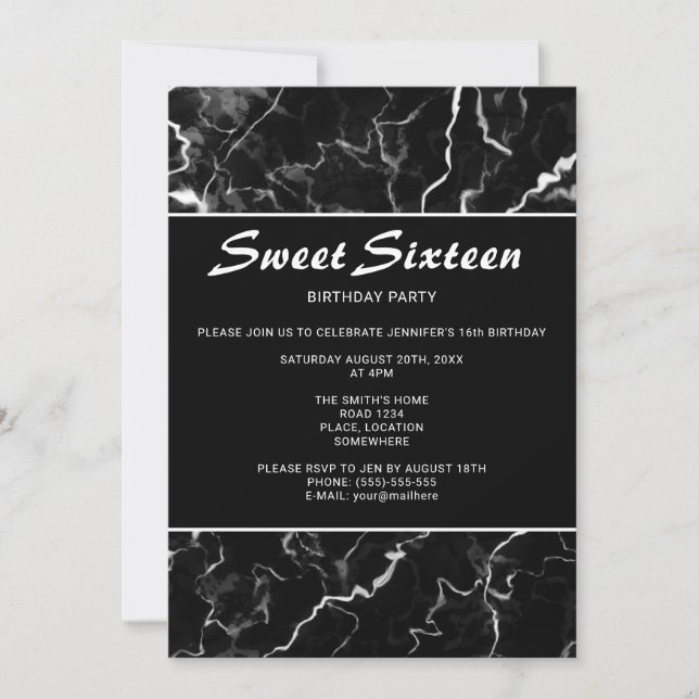 Faux Black Marble Texture Look Sweet 16 Birthday Invitation (Front)