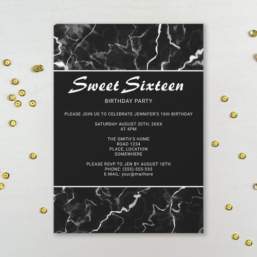 Faux Black Marble Texture Look Sweet 16 Birthday Invitation