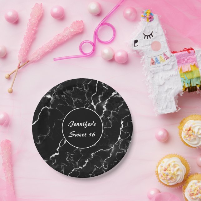 Faux Black Marble Texture Look Sweet 16 Birthday Paper Plates (Party)