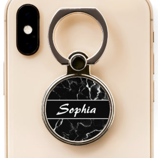 Faux Black Marble Texture Look With Custom Name Phone Ring Stand
