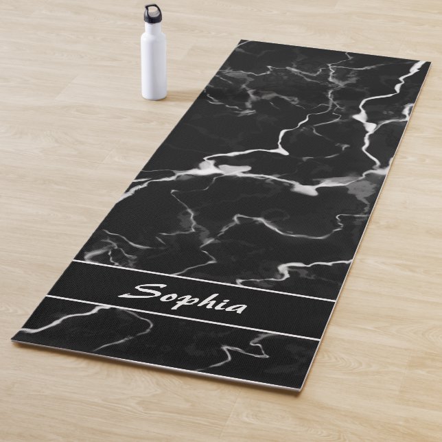 Faux Black Marble Texture Look With Custom Name Yoga Mat (In Situ)