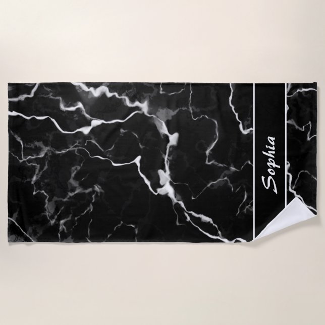 Faux Black Marble Texture Look With Custom Text Beach Towel (Front)