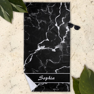 Faux Black Marble Texture Look With Custom Text Beach Towel
