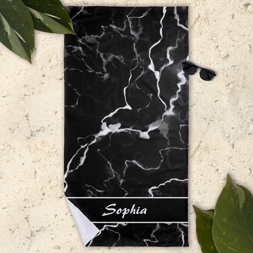Faux Black Marble Texture Look With Custom Text Beach Towel