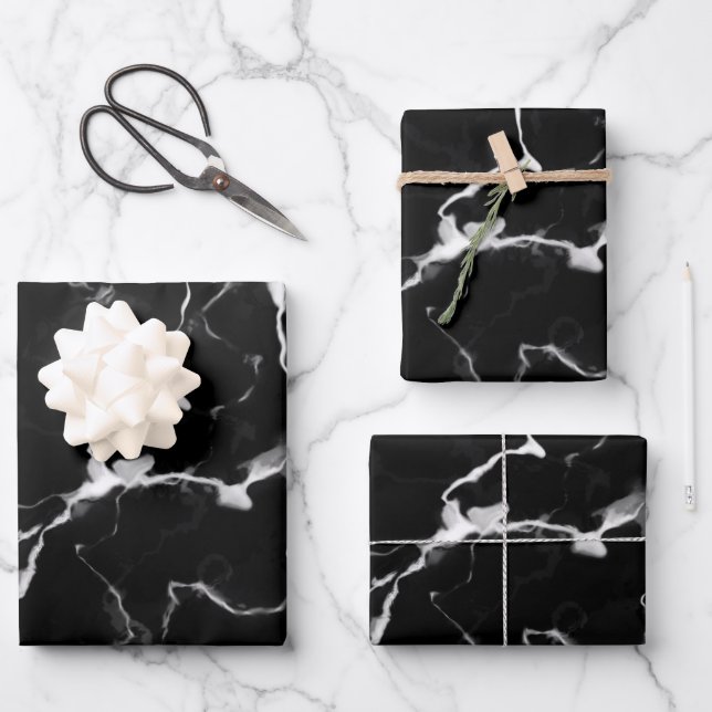 Faux Black Marble Texture Look Wrapping Paper Sheets (Front)