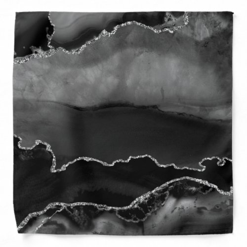 Faux Black Marbled Agate Elegant Silver Glitter Bandana