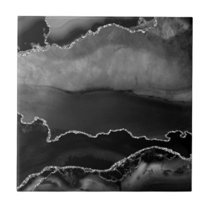 Faux Black Marbled Agate Elegant Silver Glitter Ceramic Tile