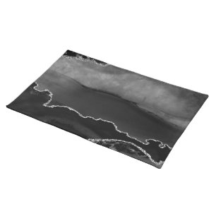 Faux Black Marbled Agate Elegant Silver Glitter Cloth Placemat