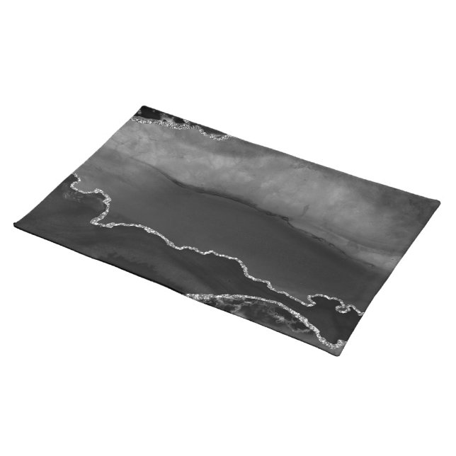 Faux Black Marbled Agate Elegant Silver Glitter Cloth Placemat (On Table)