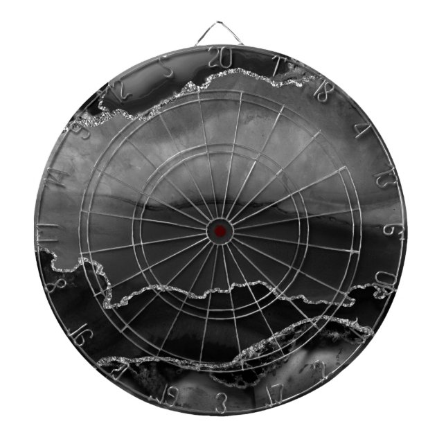 Faux Black Marbled Agate Elegant Silver Glitter Dart Board (Front)