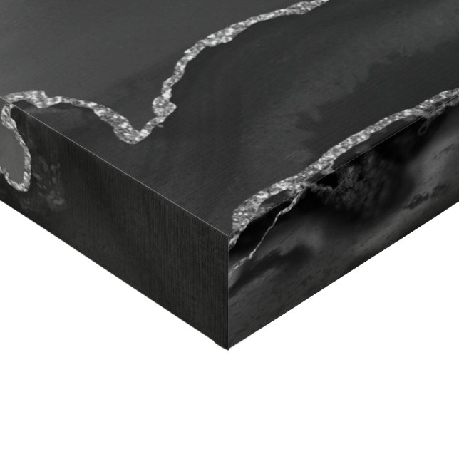 Faux Black Marbled Agate Elegant Silver Glitter Faux Canvas Print (Corner)