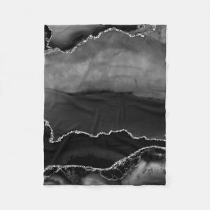 Faux Black Marbled Agate Elegant Silver Glitter Fleece Blanket