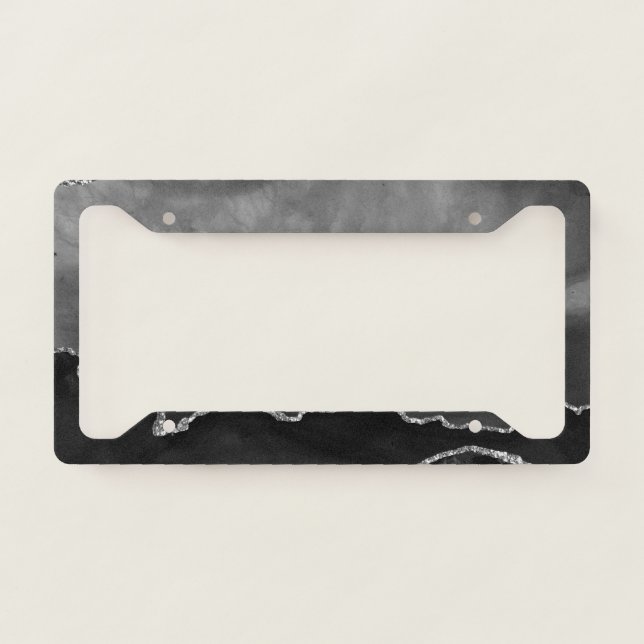 Faux Black Marbled Agate Elegant Silver Glitter License Plate Frame (Front)