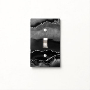 Faux Black Marbled Agate Elegant Silver Glitter Light Switch Cover