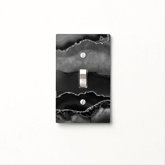 Faux Black Marbled Agate Elegant Silver Glitter Light Switch Cover (In Situ)