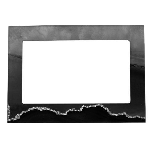 Faux Black Marbled Agate Elegant Silver Glitter Magnetic Frame
