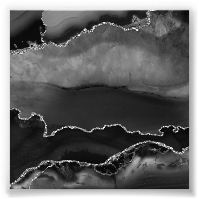 Faux Black Marbled Agate Elegant Silver Glitter Photo Print (Front)
