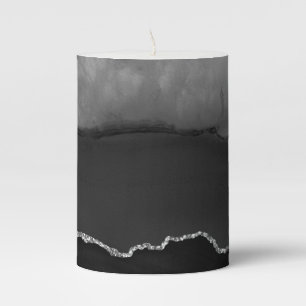 Faux Black Marbled Agate Elegant Silver Glitter Pillar Candle