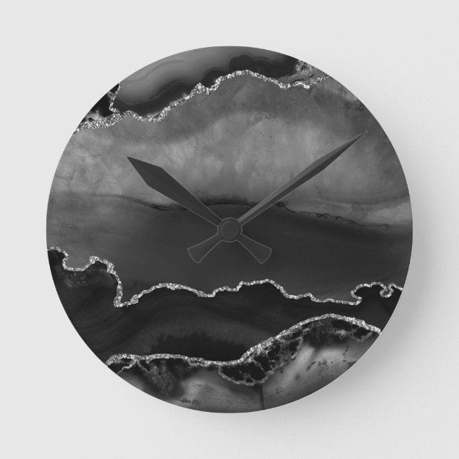 Faux Black Marbled Agate Elegant Silver Glitter Round Clock (Front)