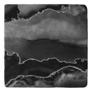 Faux Black Marbled Agate Elegant Silver Glitter Trivet