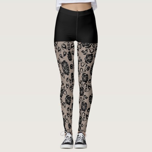 Faux Black Roses Lace Fishnet and Shorts Leggings