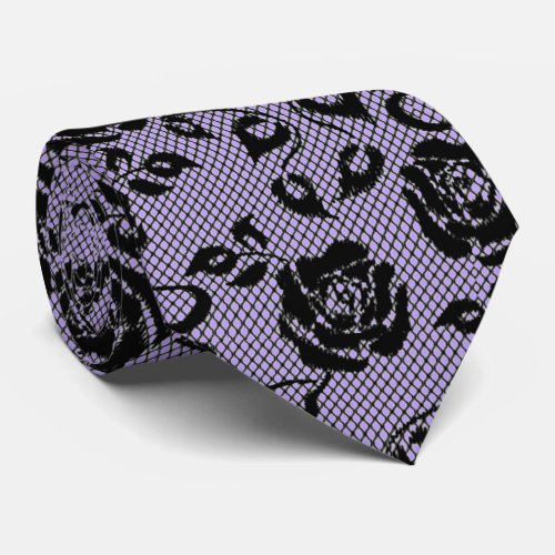 Faux Black Roses Lace Fishnet Neck Tie _ Purple