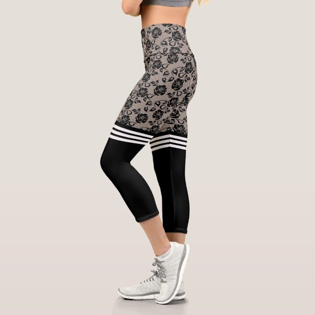 Faux Black Roses Lace Fishnet Socks Capri Leggings (Left)