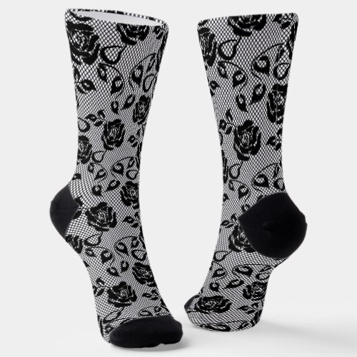 Faux Black Roses Lace Fishnet Socks Modern Design