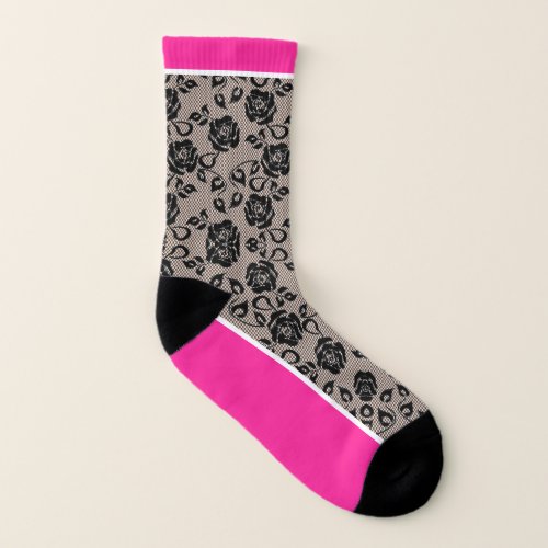 Faux Black Roses Lace Fishnet Socks _ Pink