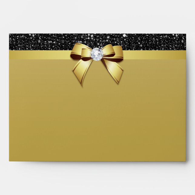 Faux Black Sequins Diamond Gold Bow Envelope (Front)