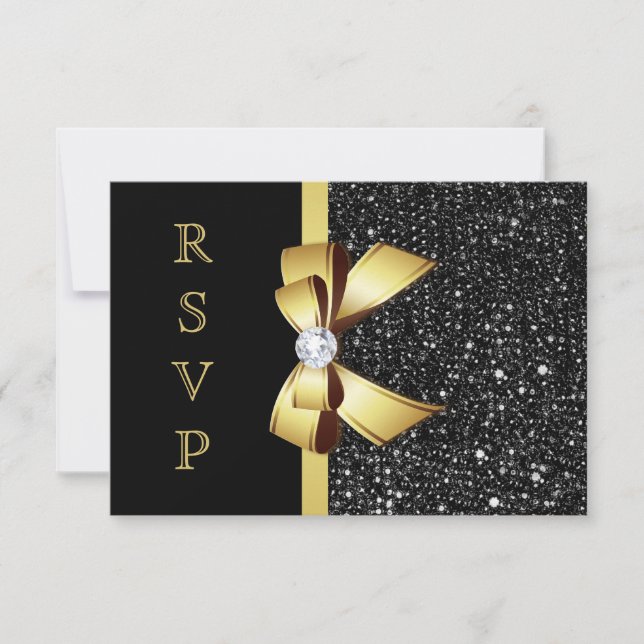 Faux Black Sequins Gold Bow RSVP (Front)