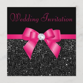 Faux Black Sequins Hot Pink Bow Wedding Invitation by AJ_Graphics at Zazzle
