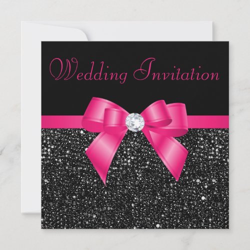 Faux Black Sequins Hot Pink Bow Wedding Invitation