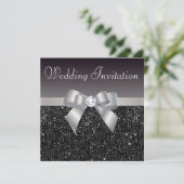 Faux Black Sequins, Silver Bow & Diamond Wedding Invitation (Standing Front)
