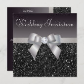 Faux Black Sequins, Silver Bow & Diamond Wedding Invitation (Front/Back)