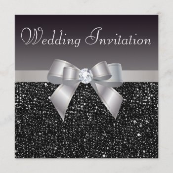 Faux Black Sequins  Silver Bow & Diamond Wedding Invitation by AJ_Graphics at Zazzle