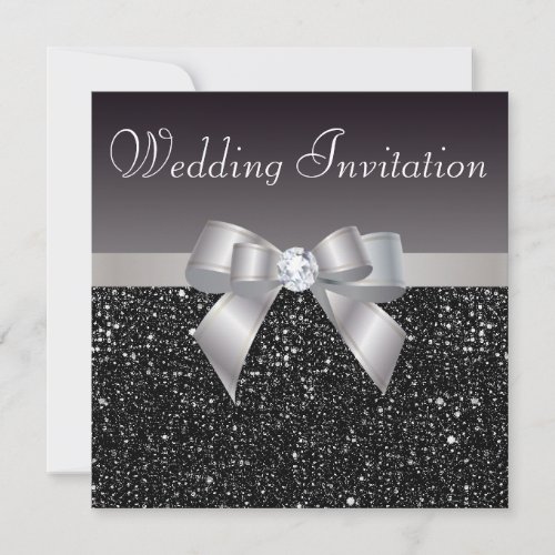 Faux Black Sequins Silver Bow  Diamond Wedding Invitation