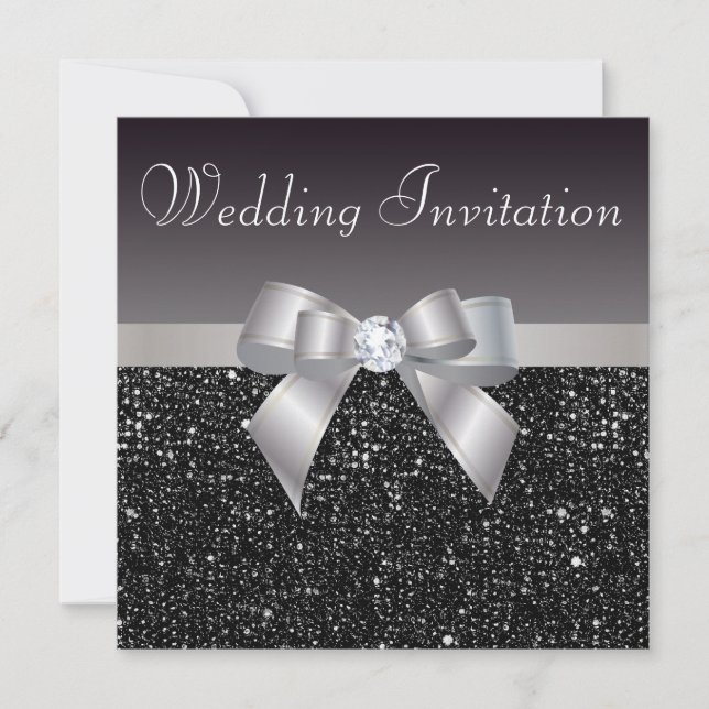 Faux Black Sequins, Silver Bow & Diamond Wedding Invitation (Front)