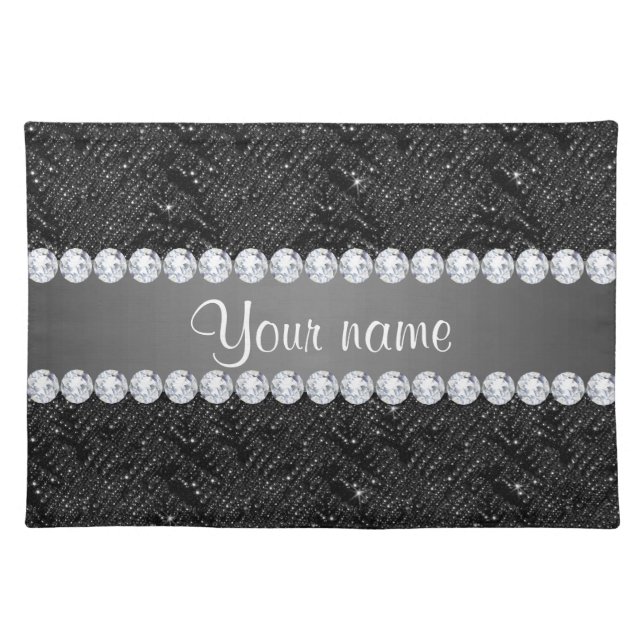 Faux Black Sequins Sparkles and Diamonds Cloth Placemat (Front)