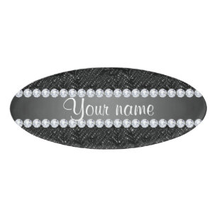 Faux Black Sequins Sparkles and Diamonds Name Tag