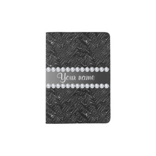 Faux Black Sequins Sparkles and Diamonds Passport Holder