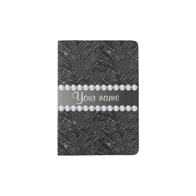 Faux Black Sequins Sparkles and Diamonds Passport Holder (Front)